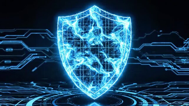 Luminescently cyber shield glows amid swirling circuits, guarding a bright digital core and streams