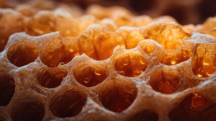 Close-up of a honeycomb’s hexagonal cells glowing with warm amber honey. Concept Macro honeycomb close-up, Amber-glow hexagonal cells, Beehive texture detail, Golden honey texture