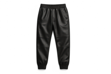 Black faux leather jogger pants, isolated on transparent backdrop, stylish wear