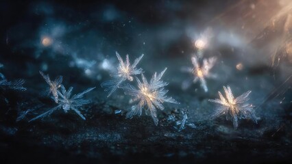 Close-up of delicate ice crystals forming snowflake patterns on a frosted window. Concept Macro ice crystals, Snowflake patterns, Frosted window close-up, Winter frost photography