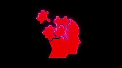 Red Neon Outline Human Head with Puzzle Pieces on Black Background silhouette profile