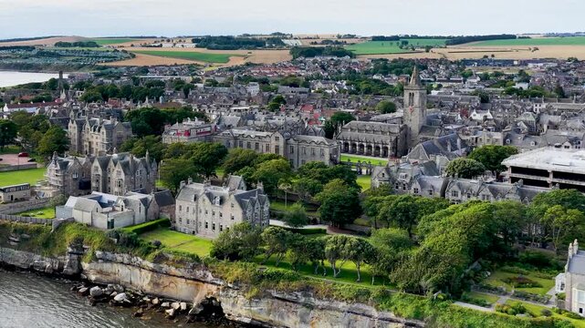 Aerial Drone Flyover of St Andrews Coastal Historic Landmarks