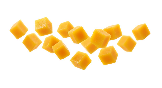 Diced mango pieces scattered, isolated on transparent background