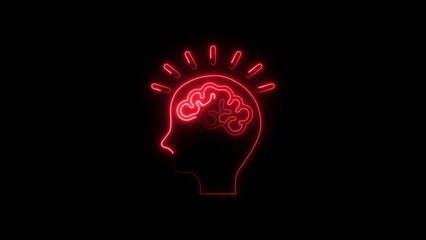 Red Neon Outline of Human Head with Brain and Light Rays on Black Background neon light