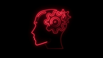 Red Neon Outline of Human Head with Gears Inside on Black Background neon light