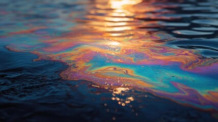 Rainbow oil slick on water surface reflecting sunset, swirls of orange, pink, blue and purple. Concept Rainbow Oil Slick Reflections, Sunset-Color Water Surface, Swirling Orange Pink Blue Purple