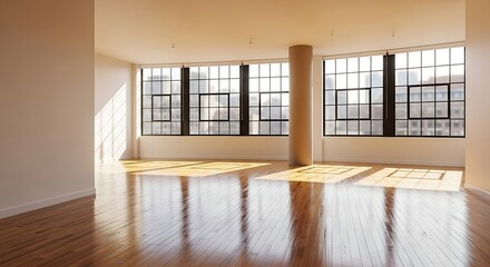 Empty loft apartment with large windows and polished wooden floors interior room