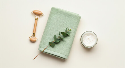 Minimalist Spa Skincare Flat Lay with Towel and Beauty Tools on Neutral Background