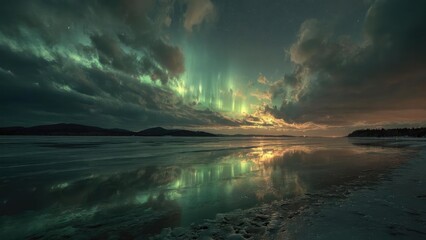 Northern lights over a frozen lake, reflected on the icy surface beneath a cloudy night sky. Concept Northern Lights Over Ice, Frozen Lake Reflections, Cloudy Night Sky, Aurora Borealis