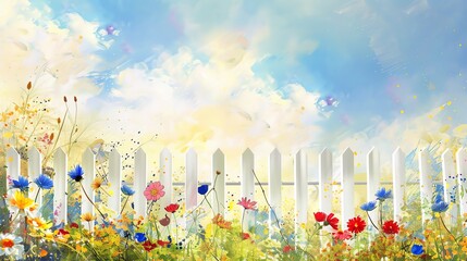 Vibrant flowers beside a white picket fence.