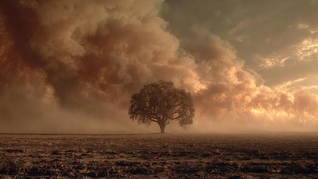 A solitary tree stands in a barren, cracked field beneath a dramatic orange sky and dark, billowing clouds. Concept Solitary tree, Barren cracked field, Dramatic orange sky, Dark billowing clouds