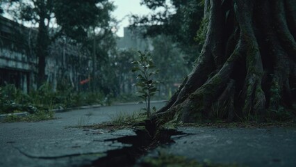 A lone sapling pushes through a crack in the pavement beside a mossy tree root in a quiet urban street. Concept Urban nature resilience, Sapling breaking through pavement, Mossy tree root detail