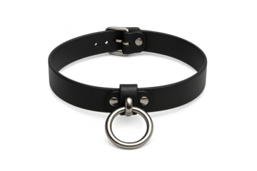 Black leather collar with metal ring isolated on transparent background stock