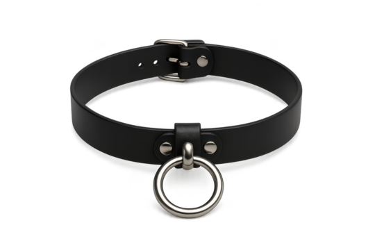 Black leather collar with metal ring isolated on transparent background stock