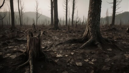 Burnt forest floor, skeletal trees, muted colors