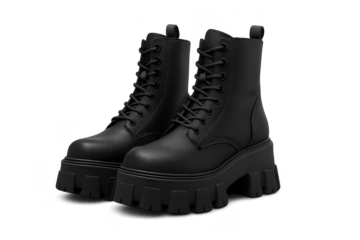 Pair of stylish black leather boots isolated on a transparent background view