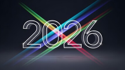 Glowing 2026 numerals with colorful light streaks on a dark background