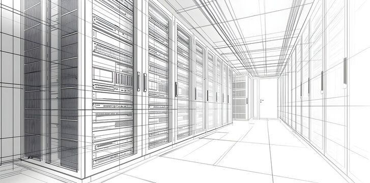 Cutting-Edge Data Center Interior Featuring Organized Server Racks, Optimized Digital Architecture, and Innovative Infrastructure Concepts for High-Performance Computing