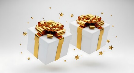 Two white gift boxes with golden ribbons and bows float with golden stars