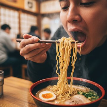Close-up of Man Enjoying Steaming Ramen Noodles with Chopsticks in Traditional Japanese Restaurant