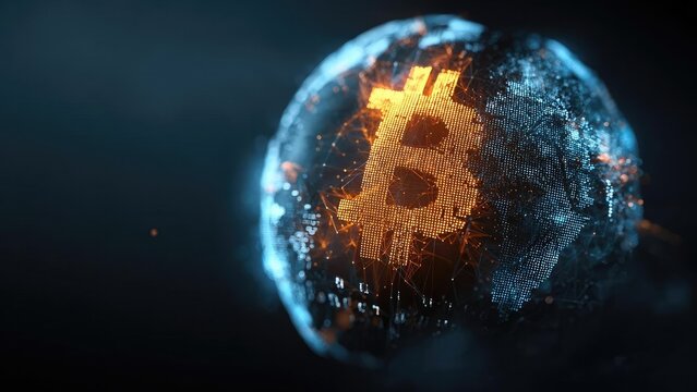 Orange Bitcoin logo lit up on a blue, networked globe made of digital dots. Concept Bitcoin logo, Orange glow, Blue networked globe, Digital dot lattice, Tech branding - Powered by Adobe