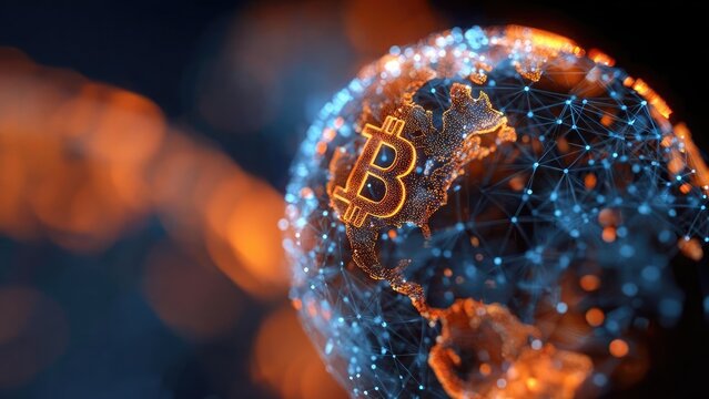 Glowing Bitcoin logo on a networked globe with blue lines, symbolizing cryptocurrency and blockchain connectivity. Concept Glowing Bitcoin Logo, Global Blockchain Network - Powered by Adobe