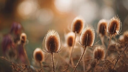 Dried teasel seed heads on tall, slender stems bathed in warm autumn light. Concept Autumn botanicals, Teasel seed heads, Tall slender stems, Warm golden light, Textured natural details