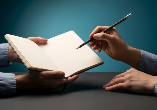 Hands Exchanging Pencil and Notebook for Collaboration or Note Taking