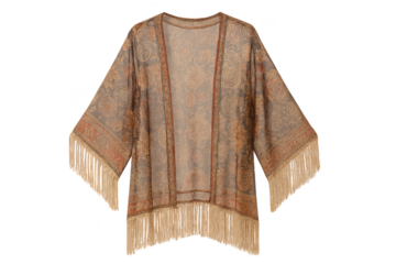 Elegant paisley patterned kimono with fringe isolated on transparent background