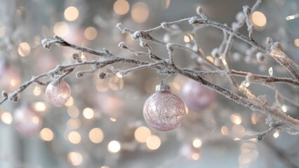 Frost-covered branches with pink Christmas baubles, soft bokeh lights in the background. Concept Frosty branches, Pink Christmas baubles, Soft bokeh lights, Winter wonderland, Festive close-up