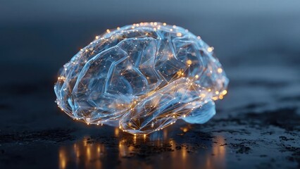 Glowing blue wireframe brain formed by interconnected lines with orange-lit nodes on a dark reflective surface. Concept Neon wireframe brain, Blue glow, Orange-lit nodes, Dark reflective surface