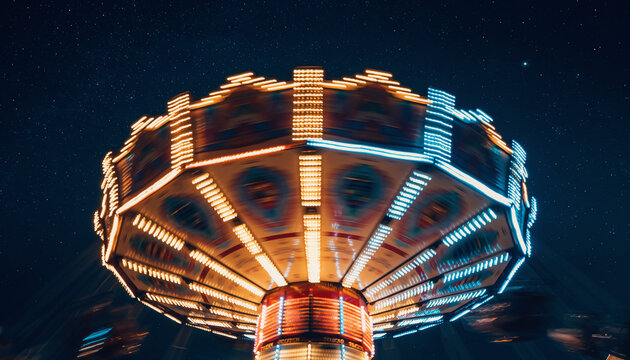 Amusement Park Swing Ride Spinning Fast at Night with Bright Lights - Powered by Adobe