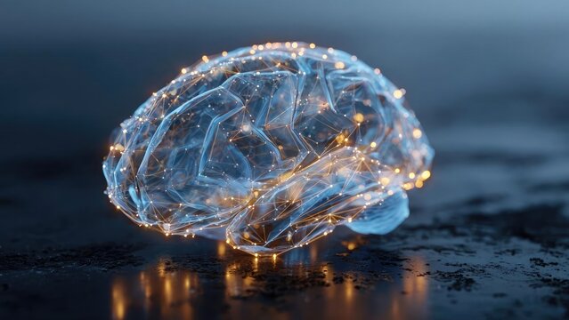 Glowing blue wireframe brain formed by interconnected lines with orange-lit nodes on a dark reflective surface. Concept Neon wireframe brain, Blue glow, Orange-lit nodes, Dark reflective surface - Powered by Adobe