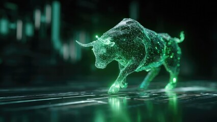 A neon green wireframe bull made of glowing interconnected lines and dots, walking on a keyboard. Concept Neon green wireframe bull, Glowing lines and dots, Cyberpunk keyboard scene
