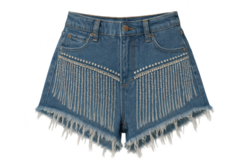 Stylish blue denim shorts with fringe isolated on transparent background