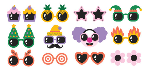 Party Eyeglasses Cartoon Set Vector Illustration Featuring Cute Spectacles With Christmas Tree, Daisy, Sombrero, Cupcakes, Clown Face, and Colorful Carnival Festival Accessory Designs