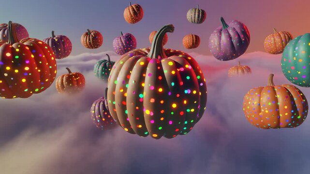A surreal landscape filled with colorful pumpkins covered in glowing polka dots. The pumpkin