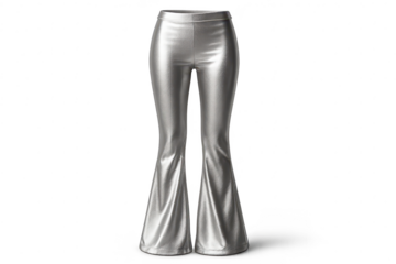 Silver metallic flared trousers isolated on transparent background, shiny pants