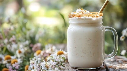A mason jar milkshake with gold sugar rim placed on a rustic floral terrace