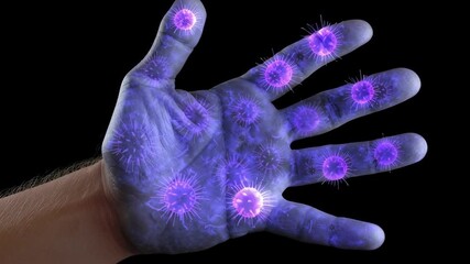Scientists reveal the numerous germs on a human hand using ultraviolet light. The demonstration shows how invisible particles glow under specialized light, showcasing hygiene issues