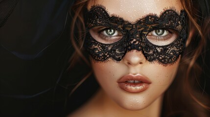 Mysterious young caucasian female with glitter and black lace mask
