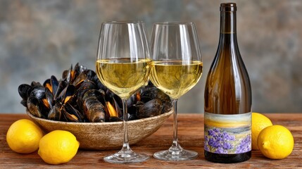 Obraz premium Albariño Day. White wine and seafood pairing with mussels, lemons, and elegant wine bottle