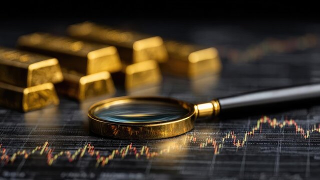 Gold bars and a magnifying glass on a stock market chart. Concept Gold bars, Magnifying glass, Stock market chart, Financial analysis, Investment trends