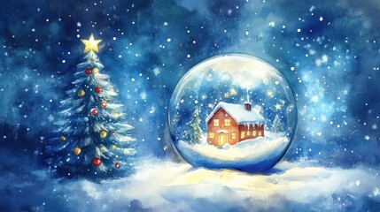 Naklejka premium Festive winter scene with snow globe and illuminated christmas tree