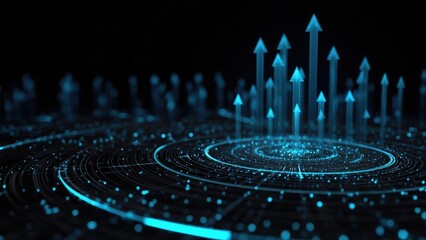 Blue glowing arrows rise from a circular digital data network, symbolizing data flow and growth. Concept Blue glowing arrows, Circular data network, Data flow, Growth visualization, Digital circuitry