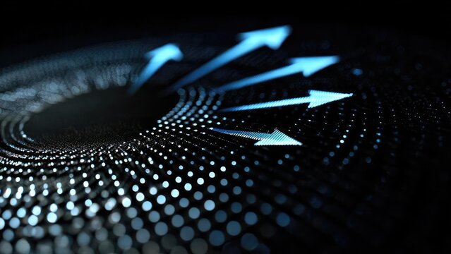 Blue glowing arrows traverse a dotted circular data field, illustrating data flow and digital growth. Concept Data Flow Visualization, Circular Data Field, Blue Glowing Arrows, Digital Growth Trends