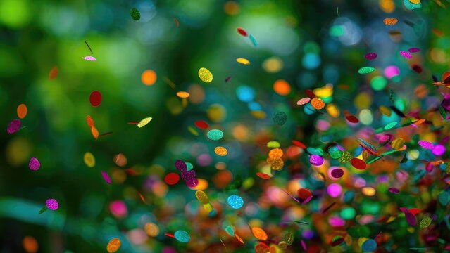 Colorful confetti pieces fluttering through the air against a blurred green background. Concept Confetti Celebration, Colorful Confetti, Motion in Green Blur, Festive Vibes, Airborne Particles - Powered by Adobe