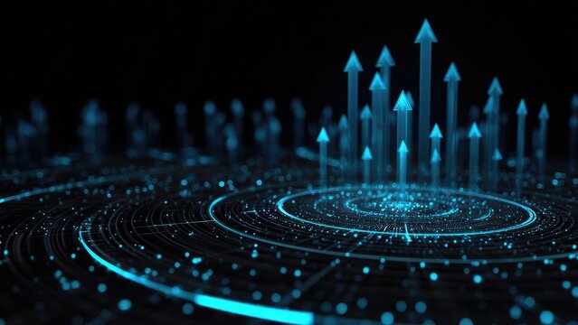 Blue glowing arrows rise from a circular digital data network, symbolizing data flow and growth. Concept Blue glowing arrows, Circular data network, Data flow, Growth visualization, Digital circuitry