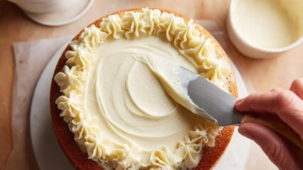 A round cake being frosted with white icing, with decorative piped borders as a spatula spreads frosting across the top. Concept Cake Decorating, White Icing, Piped Borders, Spatula Spreading