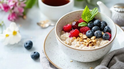 Healthy breakfast bowl with oatmeal, berries, mint, and tea on light background
